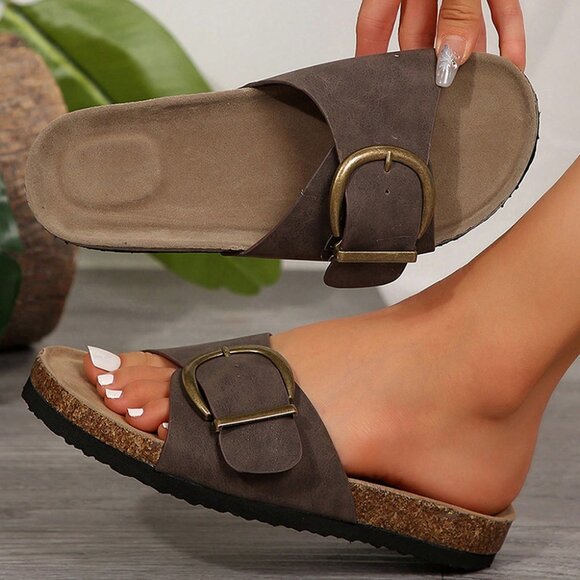 ☕ NEW Coffee Buckle Decor Faux Suede Thick Sole Slippers – Size 7 & 8 - Picture 1 of 5